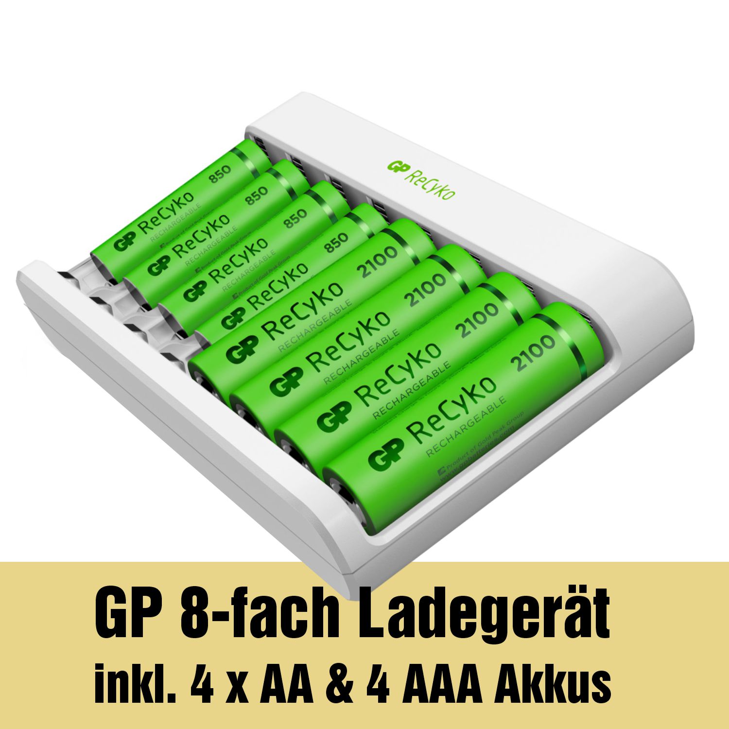 USB Akkuladegerät (8-Fach) inkl. 4x AA 2100mAh & 4x AAA 850mAh ReCyko Akkus
