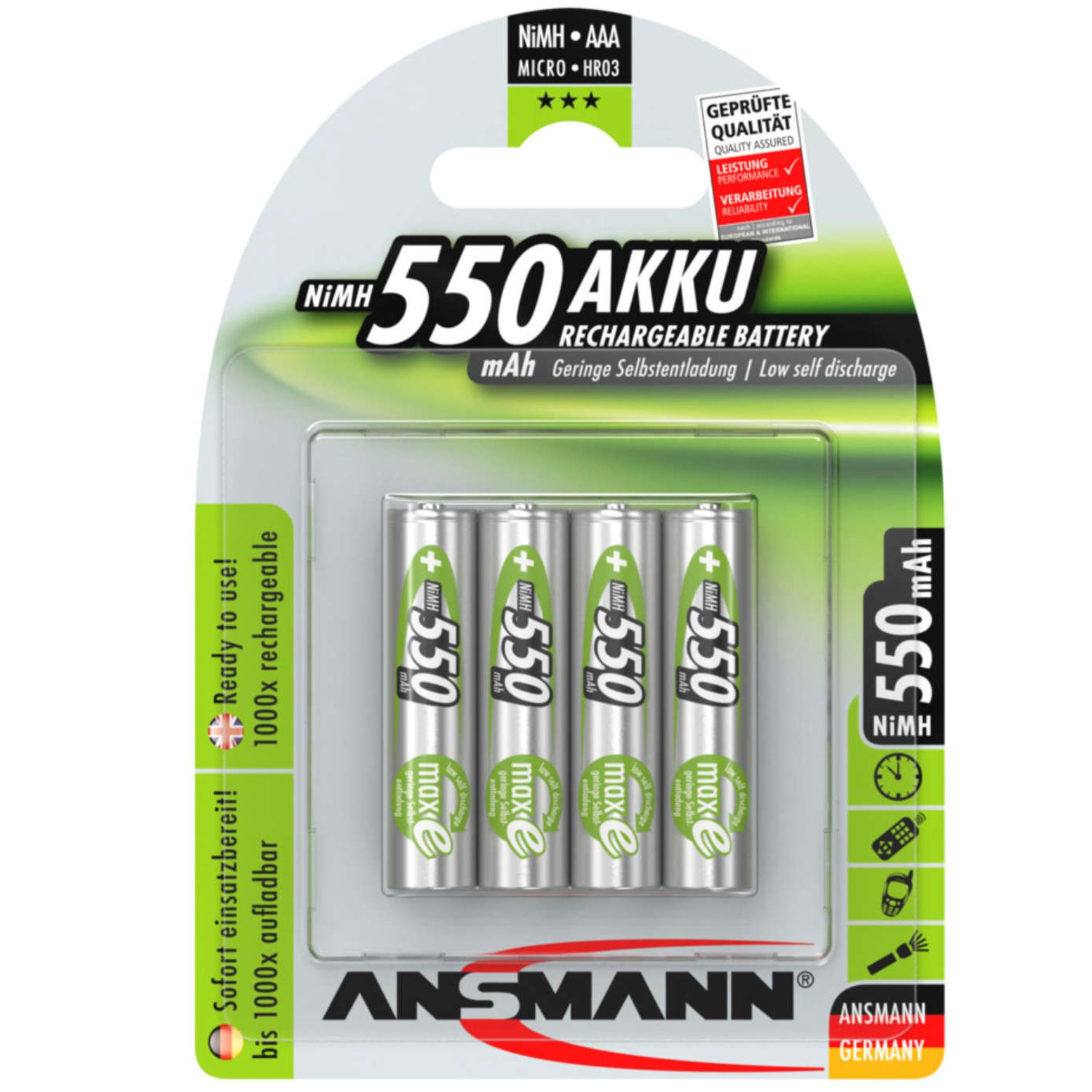 ANSMANN maxE Micro (AAA) Green Akku 1,2Volt 550mAh NiMH im 4er Blister